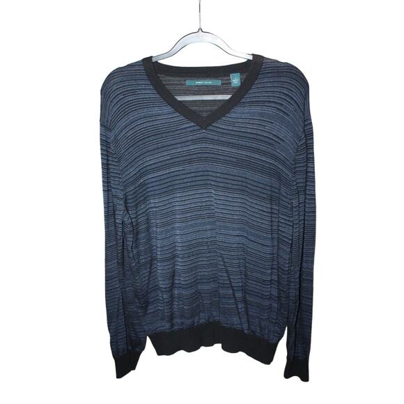 Perry Ellis Men's Large Pullover Sweater Long Sleeve Stripped V-Neck Black Blue - Picture 1 of 4
